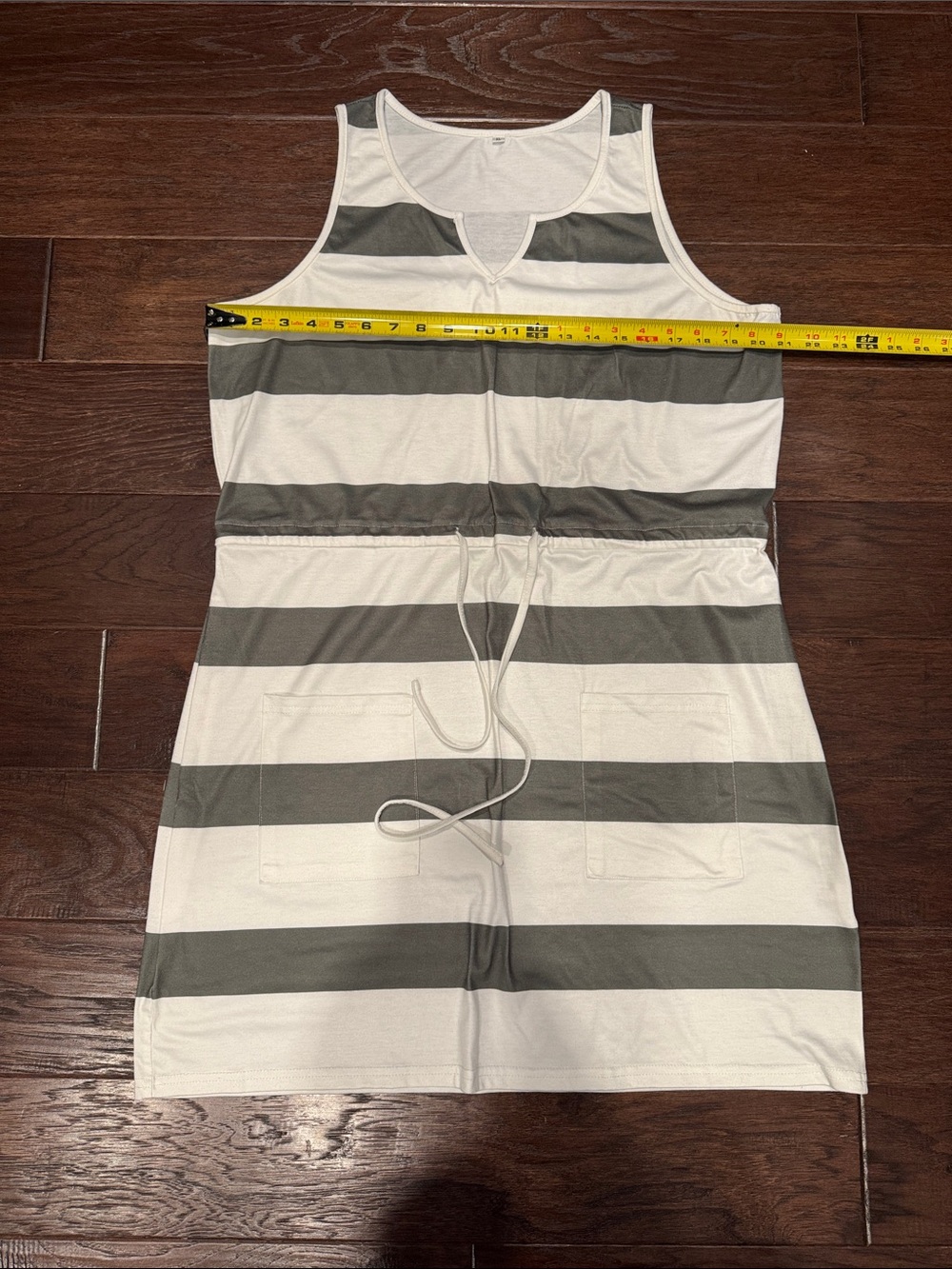 Striped Drawstring Tank Dress in White and Olive - Picture 3 of 6